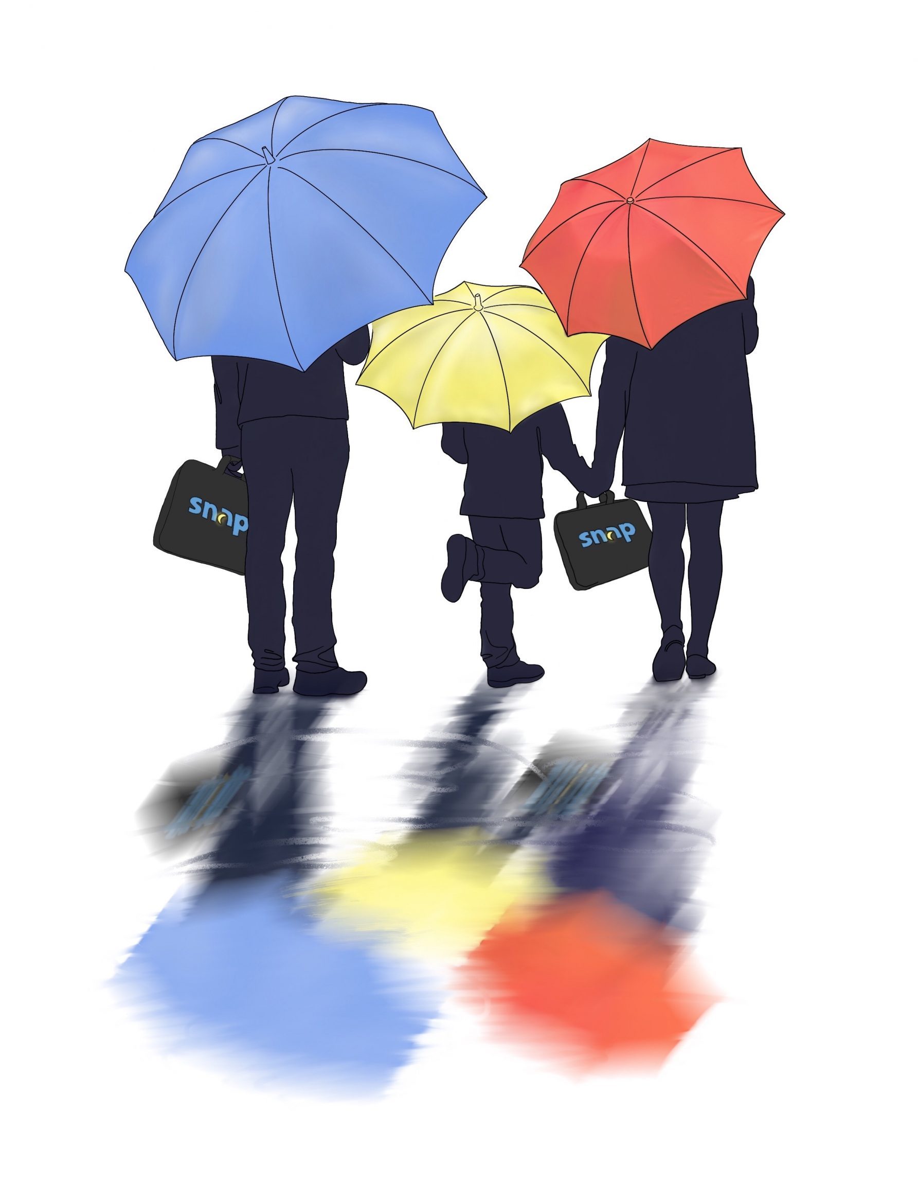 A drawing of three people holding Snap Diagnostics home sleep apnea test kits covered under colorful umbrellas symbolizing insurance coverage.